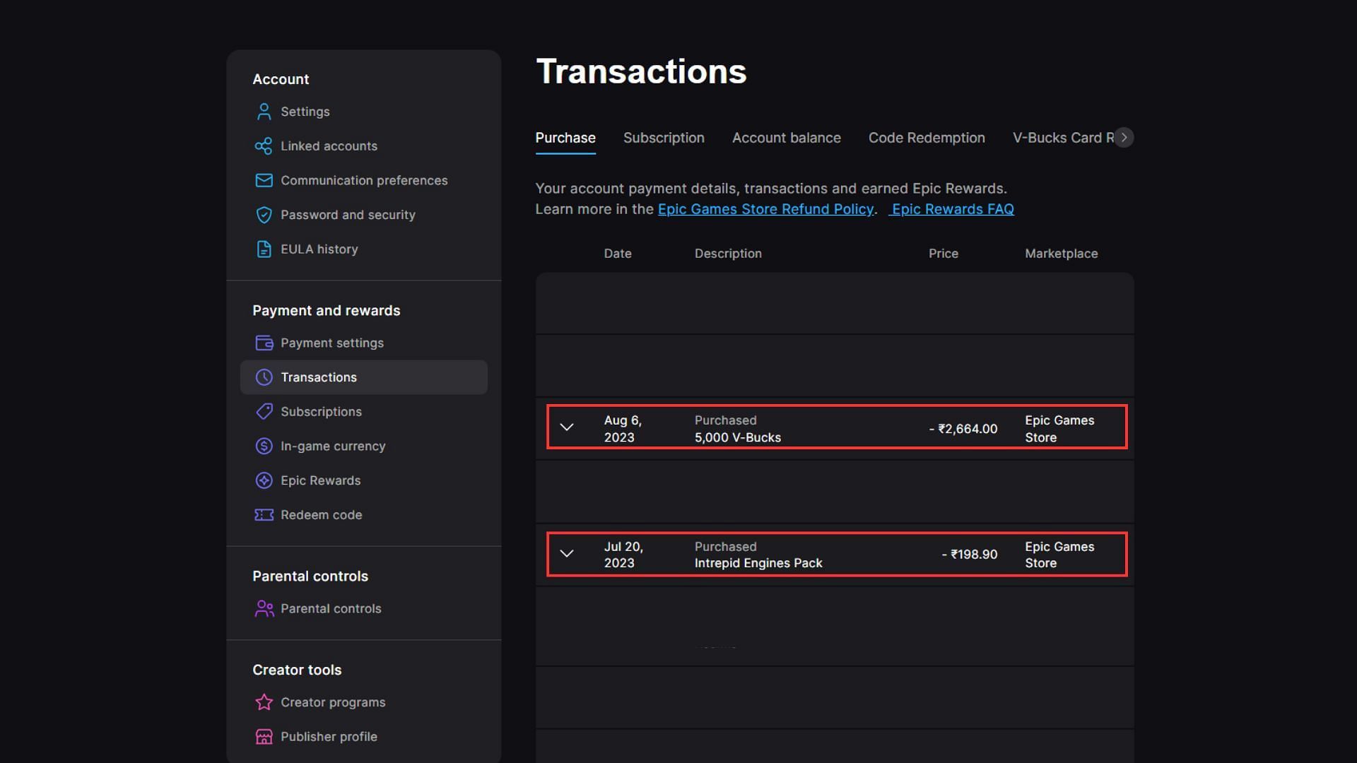 All Epic Games transactions (Image via Epic Games)